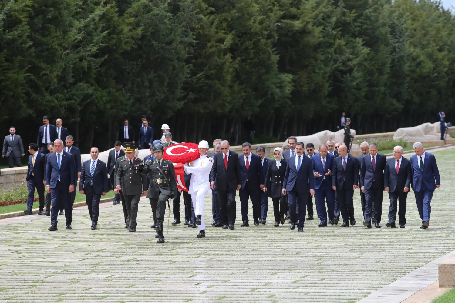 Turkish President Recep Tayyip Erdogan (C) and new cabinet members attend a wreath laying ceremony at Ataturk Mausoleum in Ankara, Turkey, 06 June 2023. EPA/NECATI SAVAS
