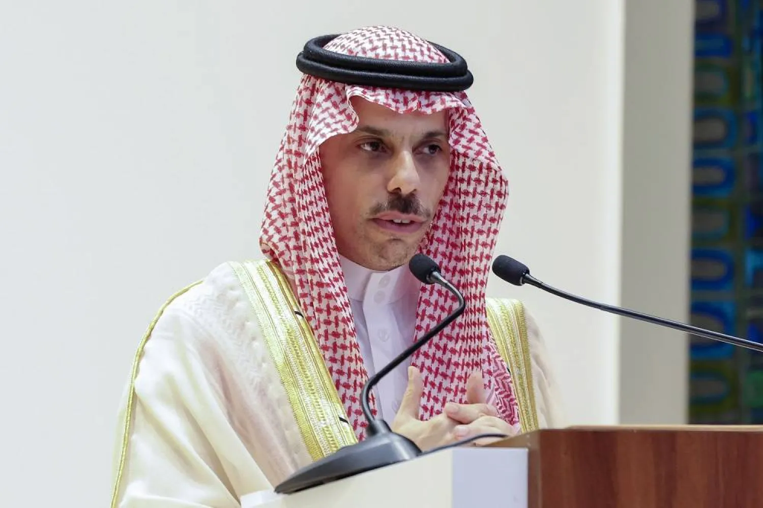 Saudi Foreign Minister Prince Faisal bin Farhan bin Abdullah speaks during a news conference with Secretary of State Antony Blinken, not pictured, at the Intercontinental Hotel in Riyadh, Saudi Arabia, Thursday, June 8, 2023. (AP) 