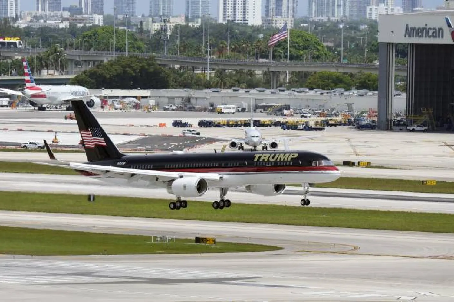 Former President Donald Trump, aboard his personal plane, arrives at Miami International Airport, Monday, June 12, 2023 in Miami. (AP Photo/Lynne Sladky)ASSOCIATED PRESS