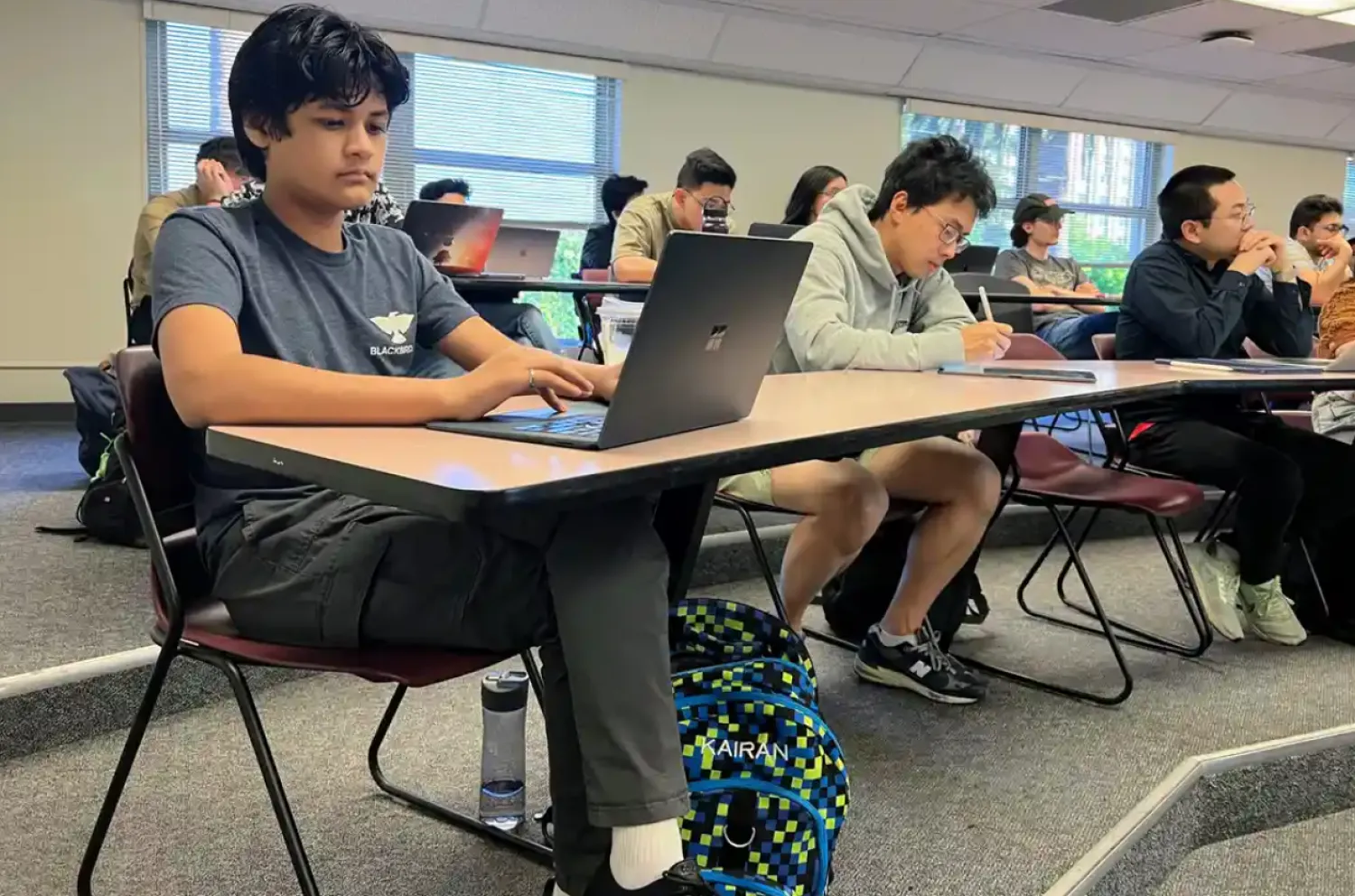 Kairan Quazi in class at Santa Clara University. Photograph: Lisa Robinson of Santa Clara University (The Guardian) 

