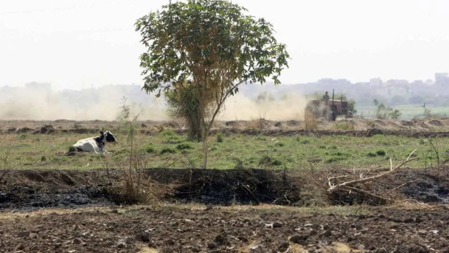 مزارع سوداني يستخدم جراراً لتجهيز أرضه للزراعة على ضفاف نهر النيل بالخرطوم (أرشيفية - رويترز)