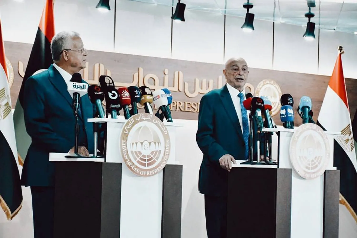 جانب من المؤتمر الصحافي المشترك لصالح وجبالي (مجلس النواب الليبي)