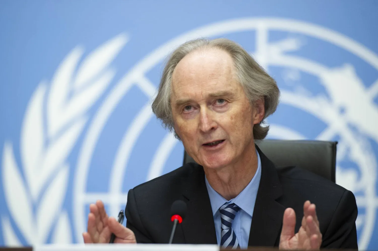 29 November 2020, Switzerland, Geneva: Geir Otto Pedersen, United Nations special envoy for Syria, speaks during a press conference at the UN's European headquarters.