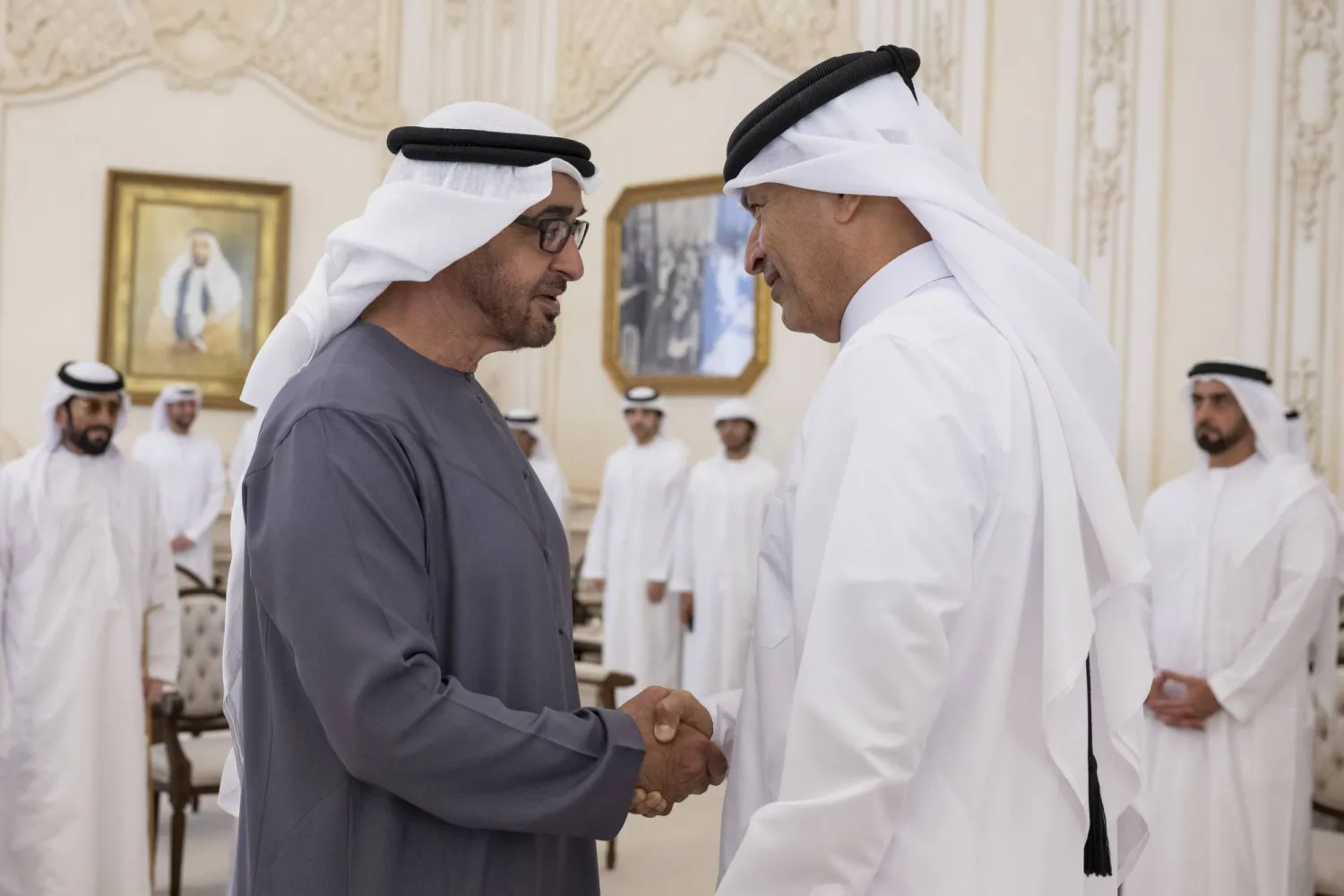 UAE President Sheikh Mohamed bin Zayed Al Nahyan meeting with Hassan bin Abdullah Al Ghanim, Speaker of Qatar’s Shura Council - WAM