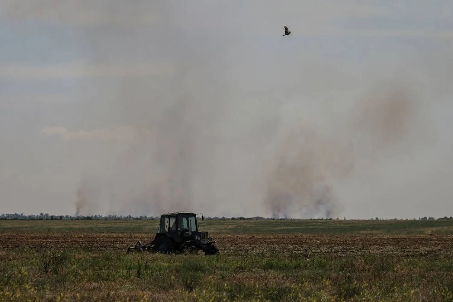 An agricultural worker operates a tractor as smoke rises in the distance after a military strike, amid Russia's attack on Ukraine, in Kherson region, Ukraine June 20, 2023. (Reuters)