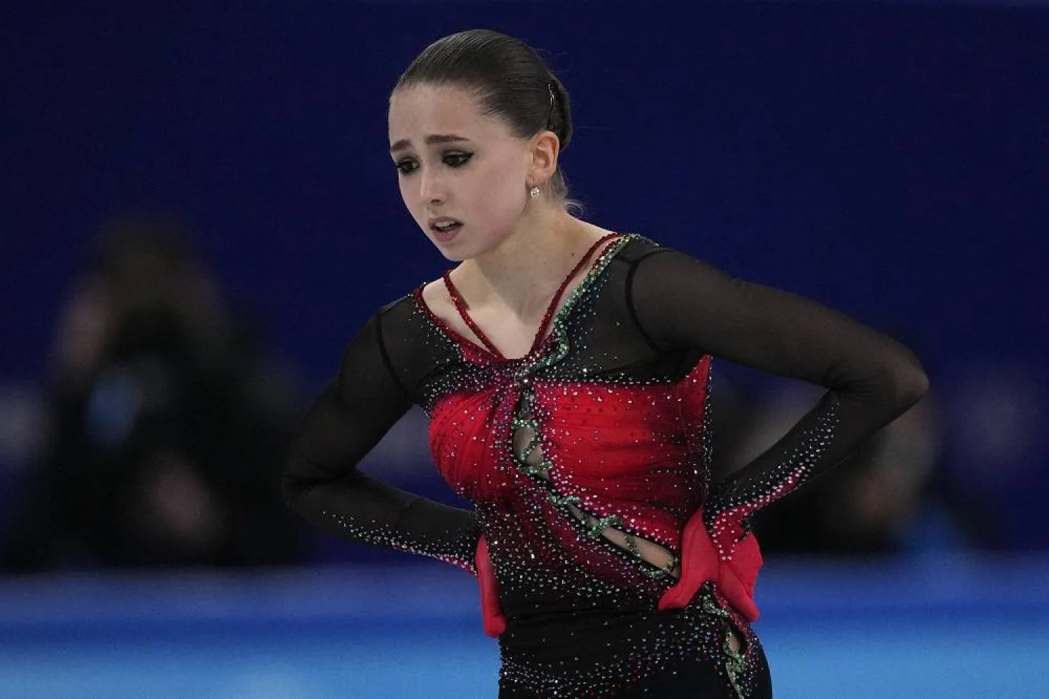 Kamila Valieva, of the Russian Olympic Committee, reacts after the women's free skate program during the figure skating competition at the 2022 Winter Olympics in Beijing, China, Thursday, Feb. 17, 2022. (AP) 