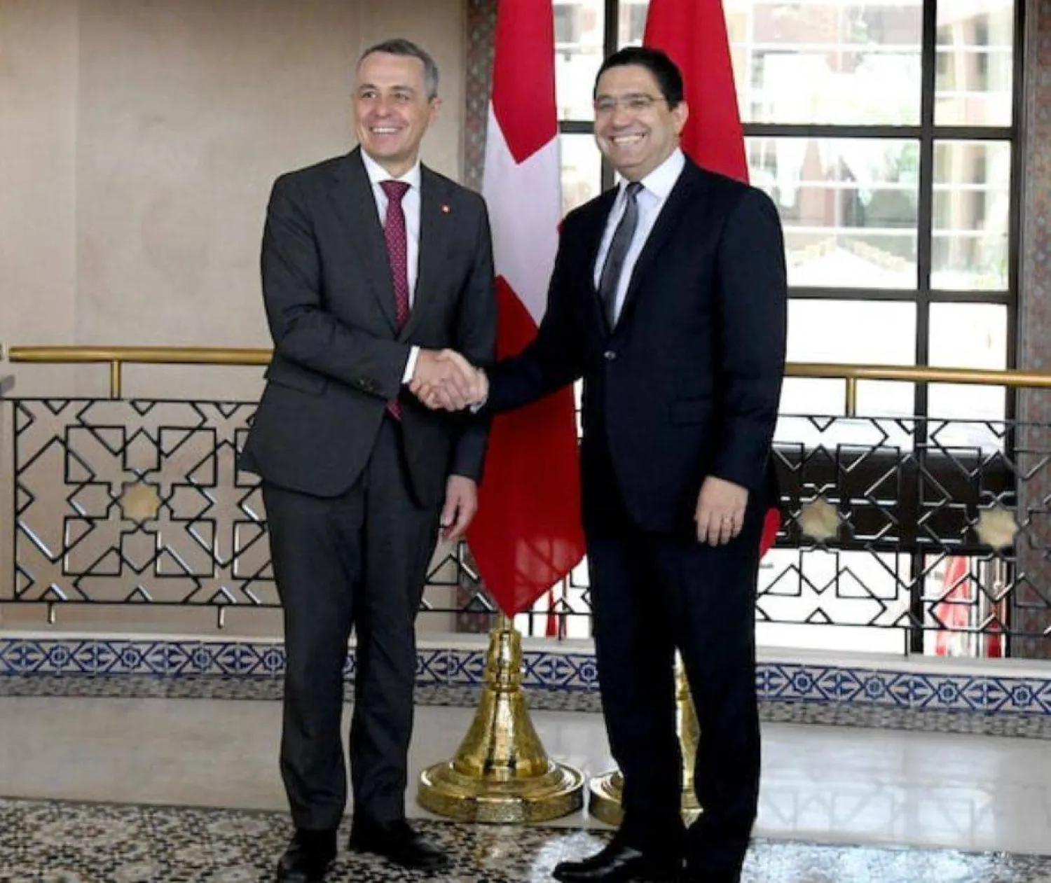 وزير خارجية المغرب لدى استقباله نظيره السويسري اليوم بالرباط (الشرق الأوسط)