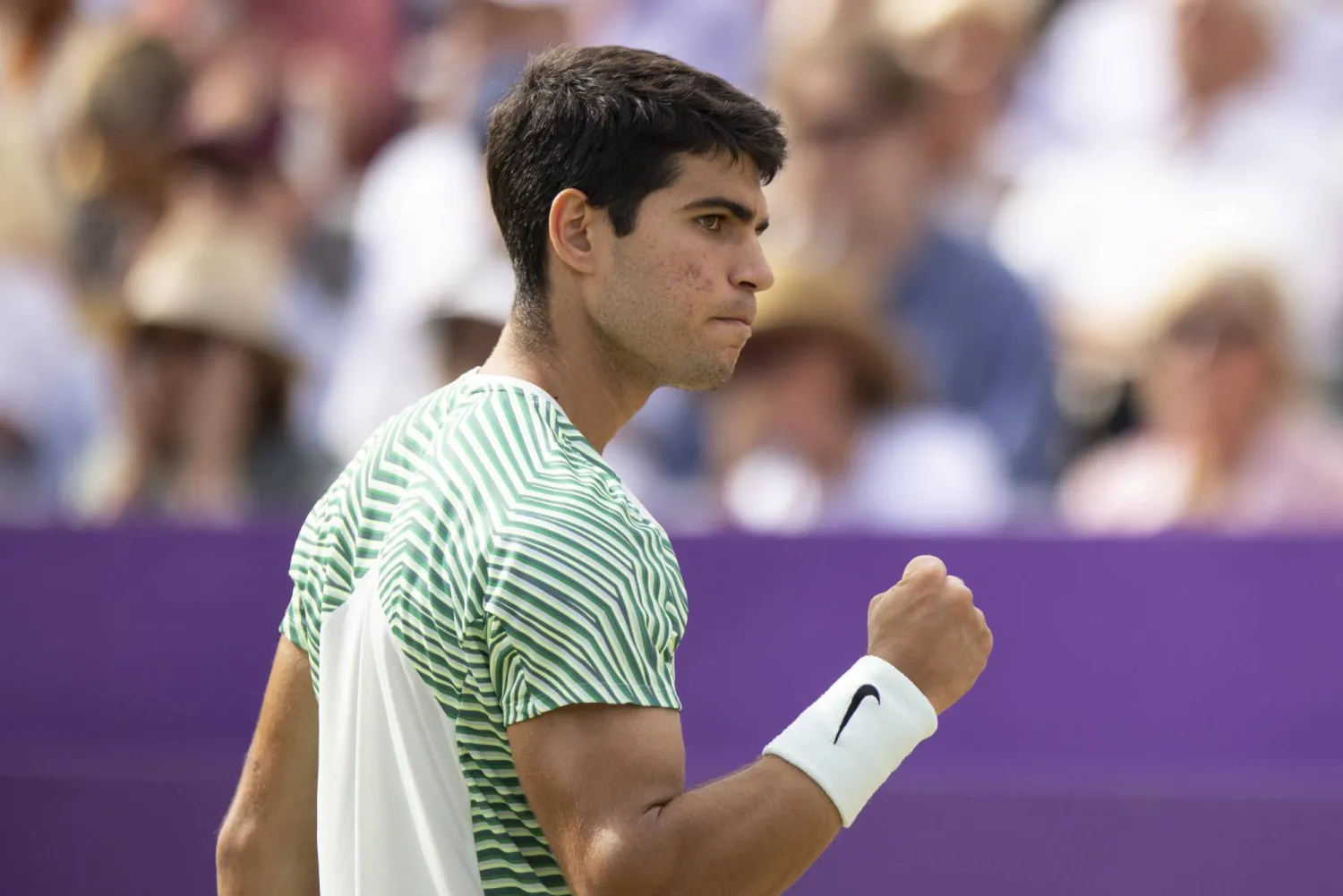 Carlos Alcaraz of Spain celebrates a point during his semi-final match against Sebastian Korda of USA at the Cinch Tennis Championships in London, Britain, 24 June 2023.  EPA/TOLGA AKMEN