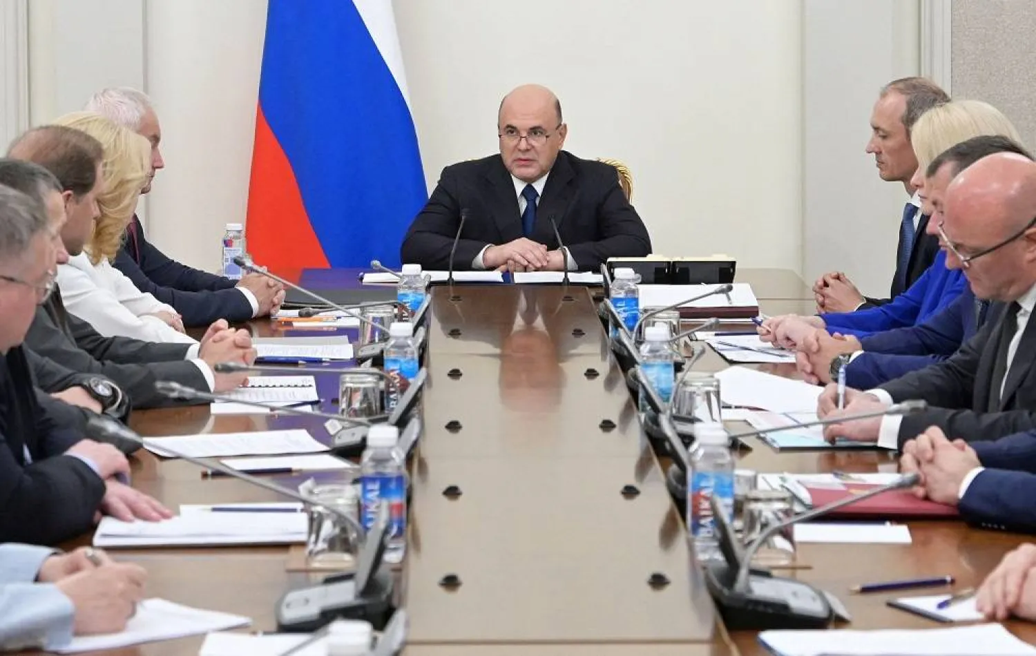 Russian Prime Minister Mikhail Mishustin chairs a meeting with his deputies in Moscow, Russia June 26, 2023. (Reuters) 