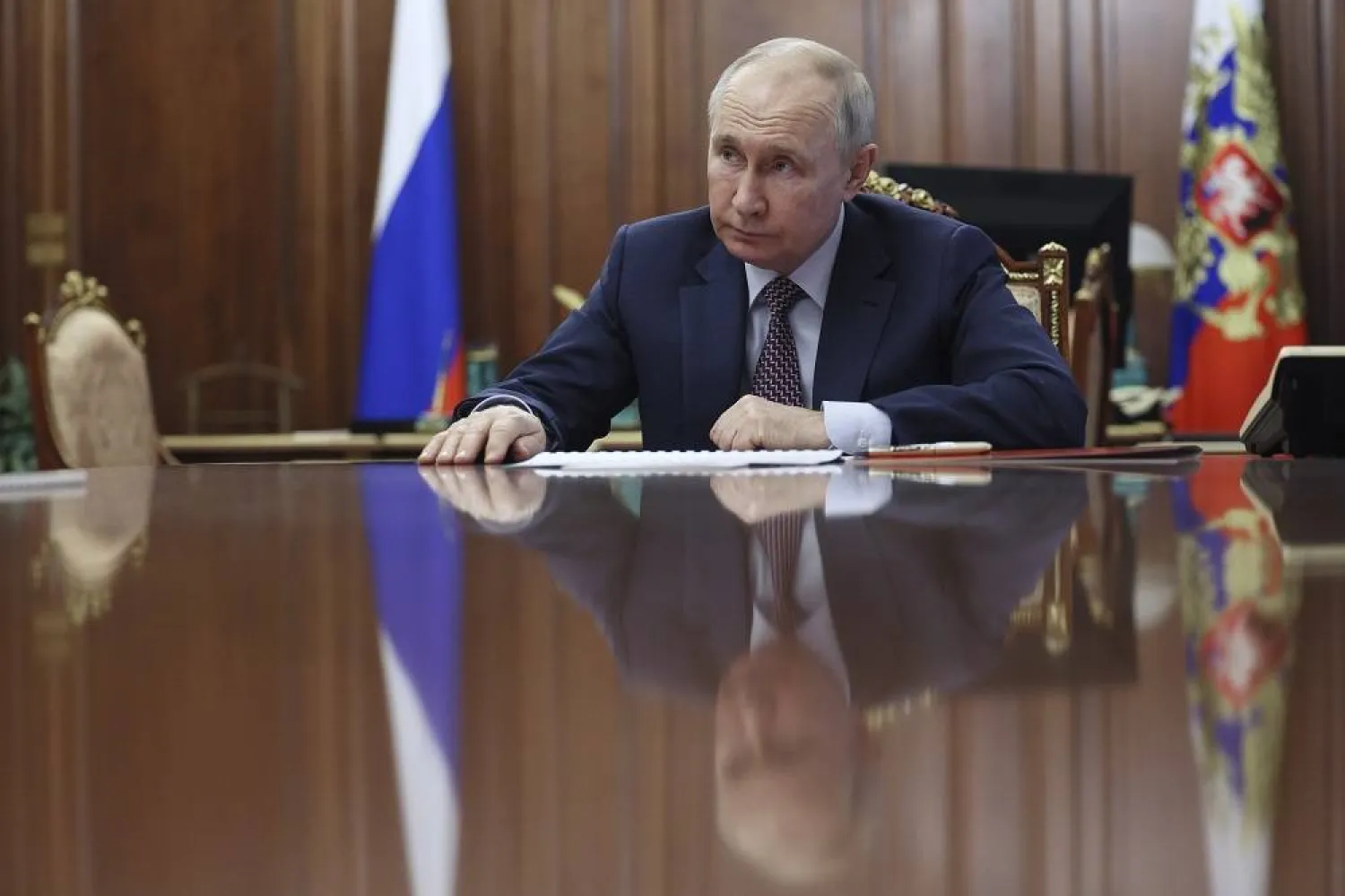 Russian President Vladimir Putin listens to Russian Federal Space Agency Roscosmos CEO Yuri Borisov during their meeting at the Kremlin in Moscow, Russia, Friday, June 30, 2023. (Sputnik, Kremlin Pool Photo via AP) 