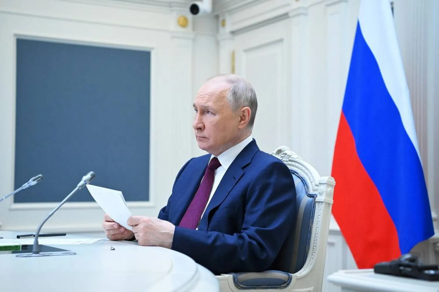 Russian President Vladimir Putin attends a summit of leaders of the Shanghai Cooperation Organization (SCO) via a video conference call at the Kremlin in Moscow, Russia, July 4, 2023. (Sputnik/Kremlin via Reuters) 