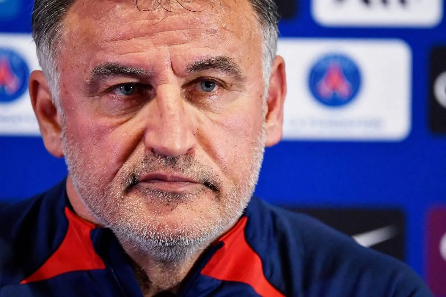 Paris Saint-Germain's French head coach Christophe Galtier holds a press conference at the club's "Camp des Loges" training grounds in Saint-Germain-en-Laye, northwest Paris on May 19, 2023. (AFP)