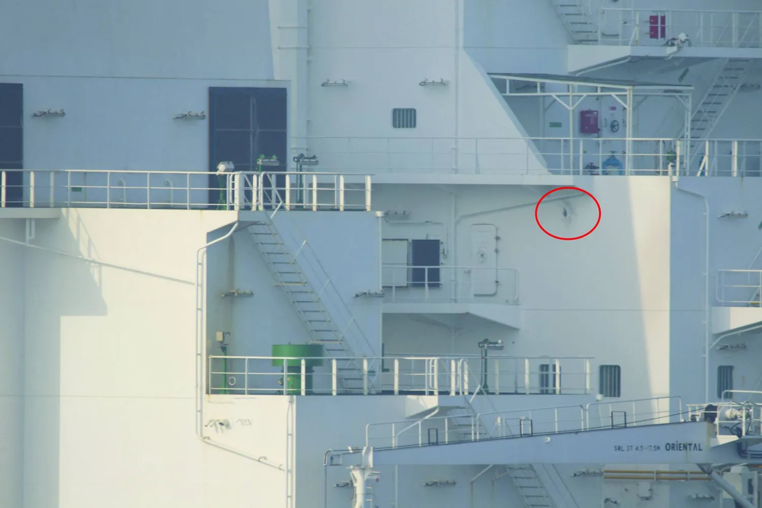 Damage sustained by M/T Richmond Voyager after personnel from an Iranian naval vessel fired multiple long bursts of rounds from small arms and crew-served weapons during an attempt to unlawfully seize the commercial tanker, according to US Navy, is seen, in the Gulf of Oman, in this handout photo provided by US Navy on July 5, 2023. US Naval Forces Central Command/US 5th Fleet/Handout via REUTERS 