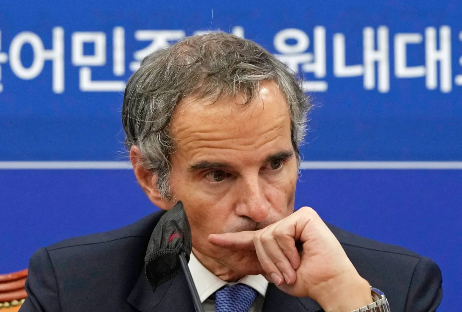 Rafael Mariano Grossi, Director General of the International Atomic Energy Agency reacts during a meeting with lawmakers from the opposition Democratic Party at the National Assembly in Seoul, South Korea, Sunday, July 9, 2023. (AP Photo/Ahn Young-joon)