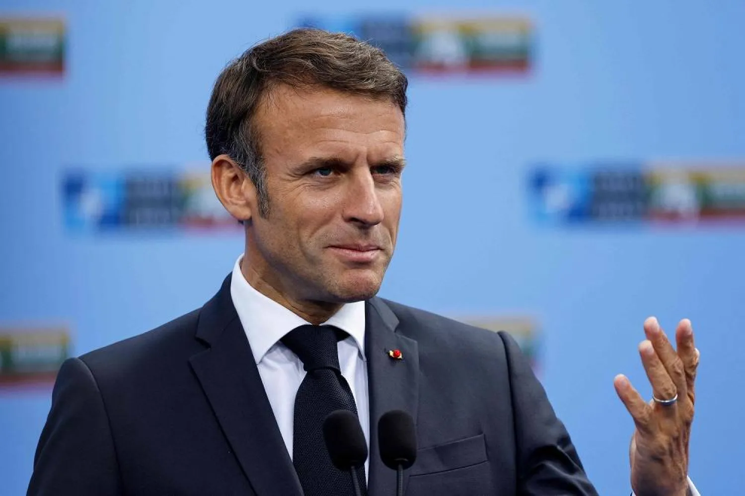 France's President Emmanuel Macron gestures as he speaks during the NATO summit, in Vilnius on July 11, 2023. (AFP)