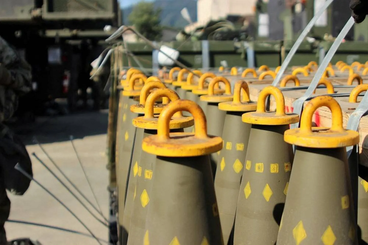 Dozens of 155mm Base Burn Dual Purpose Improved Conventional Munitions (DPICM) rounds wait to be loaded at a US Army motor pool at Camp Hovey, South Korea September 20, 2016. (US Army/2nd Lt. Gabriel Jenko/Handout via Reuters)