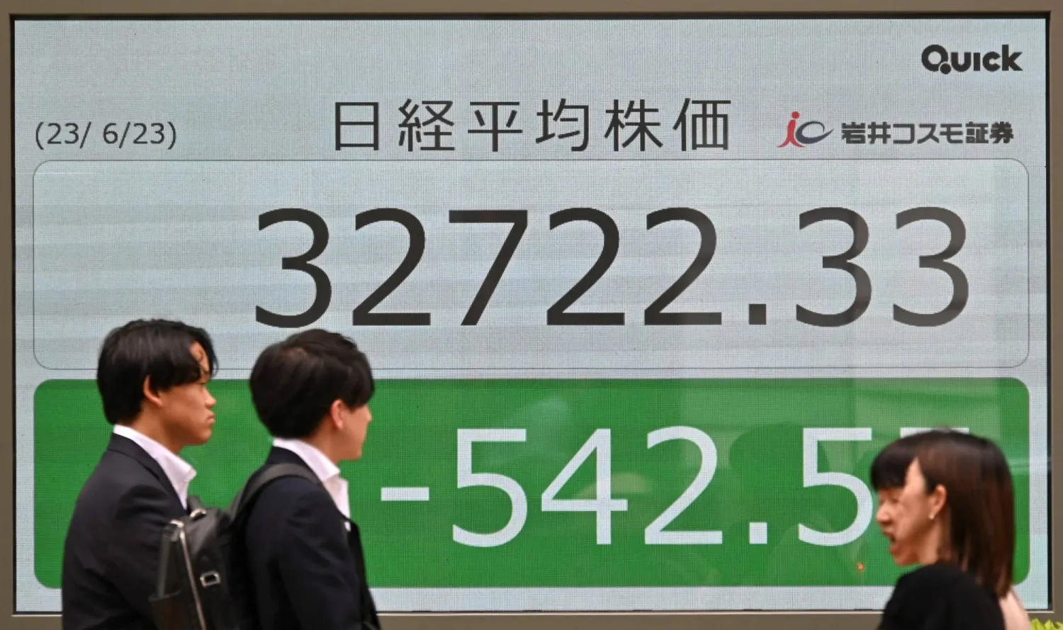 المشاة يمشون أمام لوحة إلكترونية تعرض الأرقام في بورصة طوكيو للأوراق المالية في اليابان بعد انتهاء جلسة التداول الصباحية (أ.ف.ب)