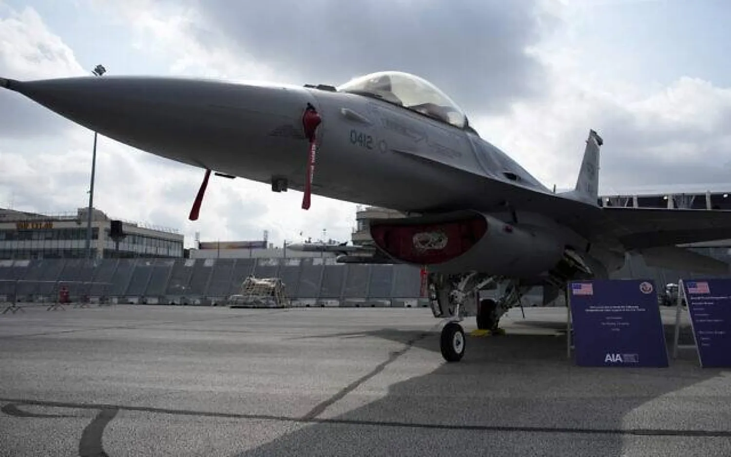 US Air Force F-16 fighter jet is on display during the Paris Air Show in Le Bourget, north of Paris, France, Monday, June 19, 2023 (AP Photo/Lewis Joly, File)