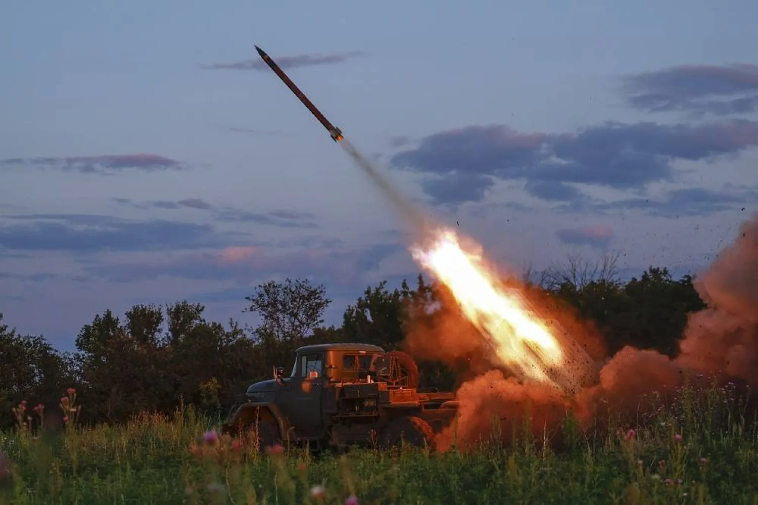 A Ukrainian army Grad multiple rocket launcher fires rockets at Russian positions in the frontline near Bakhmut, Donetsk region, Ukraine, Wednesday, July 12, 2023. (AP)
