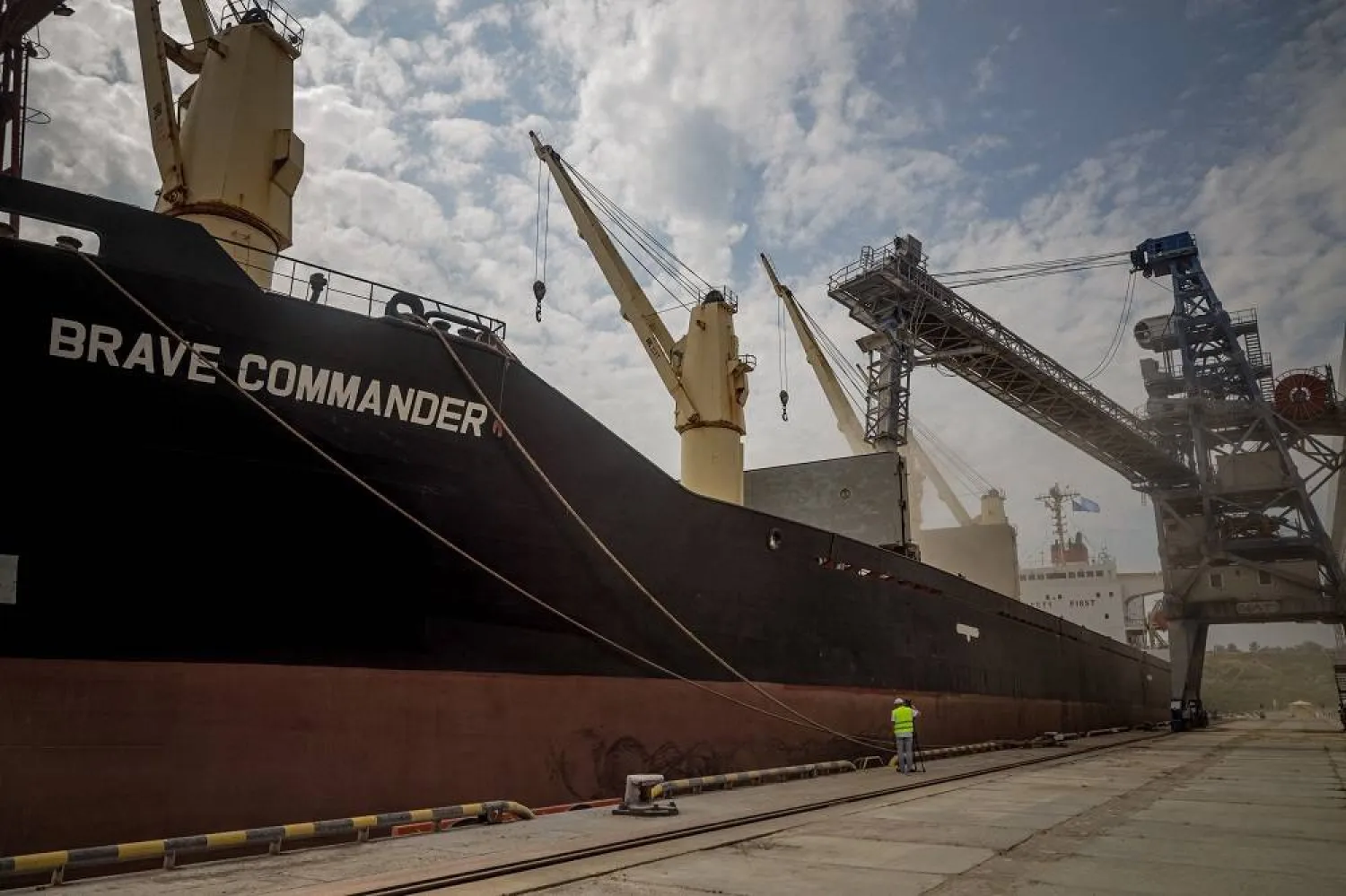 The first UN-chartered vessel MV Brave Commander loads more than 23,000 tons of grain to export to Ethiopia, in Yuzhne, east of Odessa on the Black Sea coast, on August 14, 2022. (AFP) 