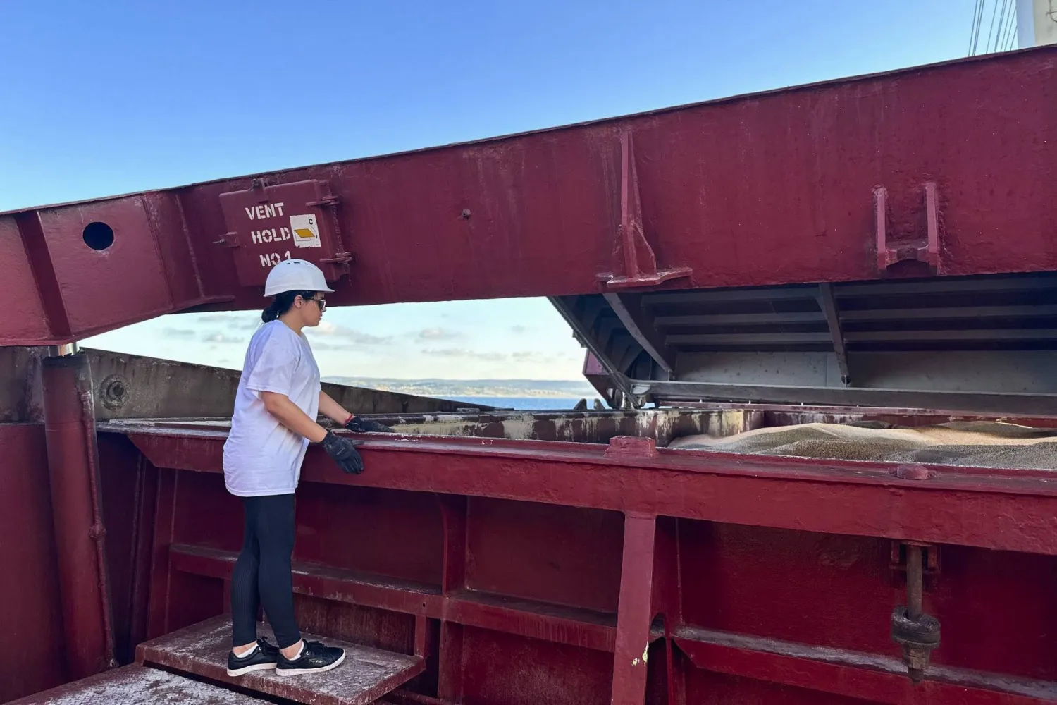 مسؤولة تابعة للأمم المتحدة في مركز التنسيق المشترك للتفتيش على متن سفينة الشحن السائبة «تي كيو سام صن» التي سافرت من أوديسا في أوكرانيا (أ.ب)