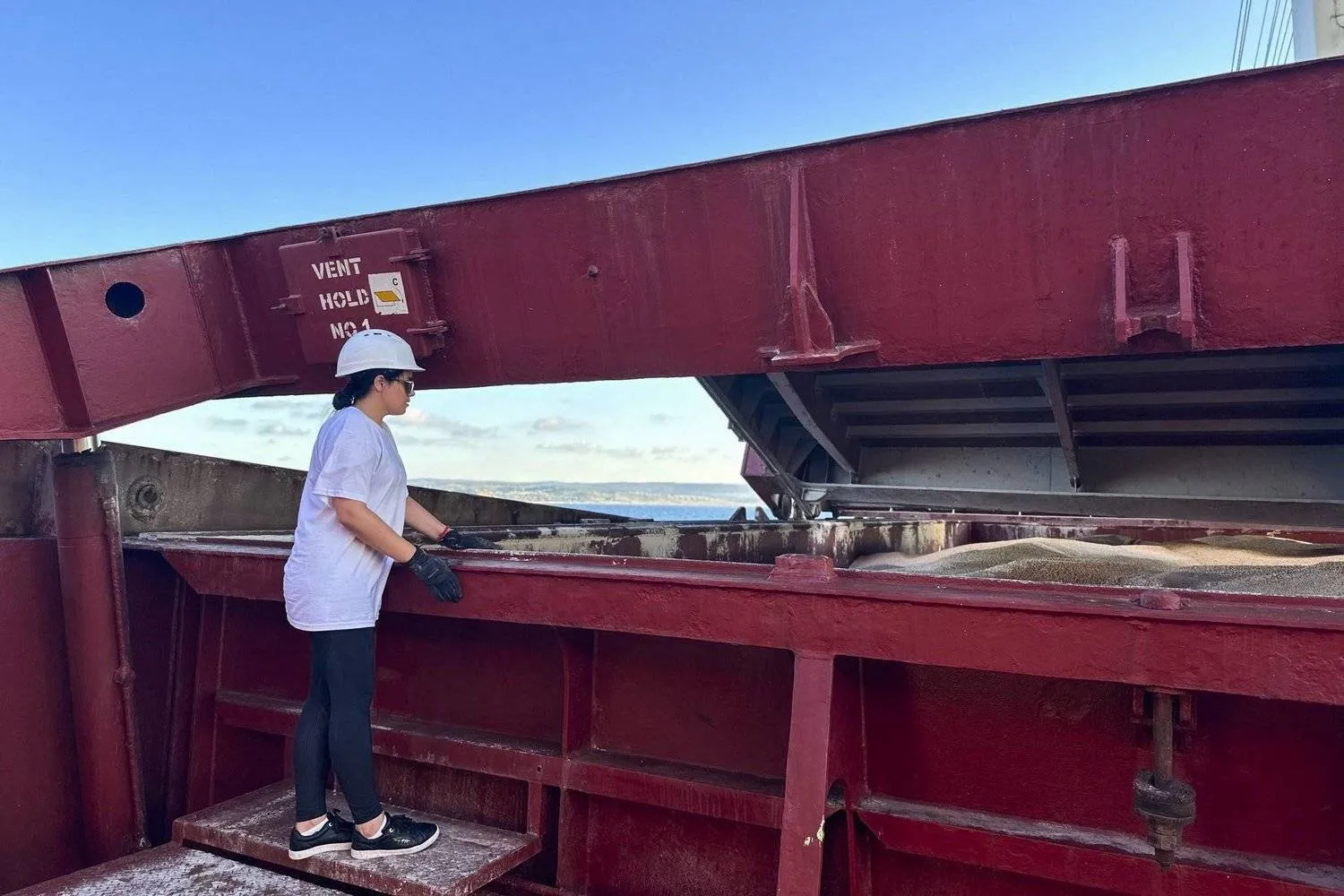 In this photo released by the United Nations, a UN official of the Joint Coordination Center carries out an inspection on board of the bulk cargo ship TQ Samsun, which traveled from Odessa, Ukraine, loaded with grain, while is anchored in the Black Sea, near the entrance of the Bosphorus Strait in Istanbul, Turkey, Monday, July 17, 2023. (United Nations via AP)