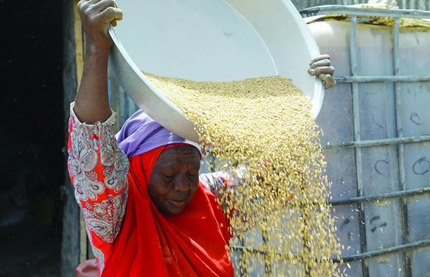 سيدة تنقل القمح المستورد من أوكرانيا (السبت الماضي) بسوق باكارا في مقديشو بالصومال (رويترز)