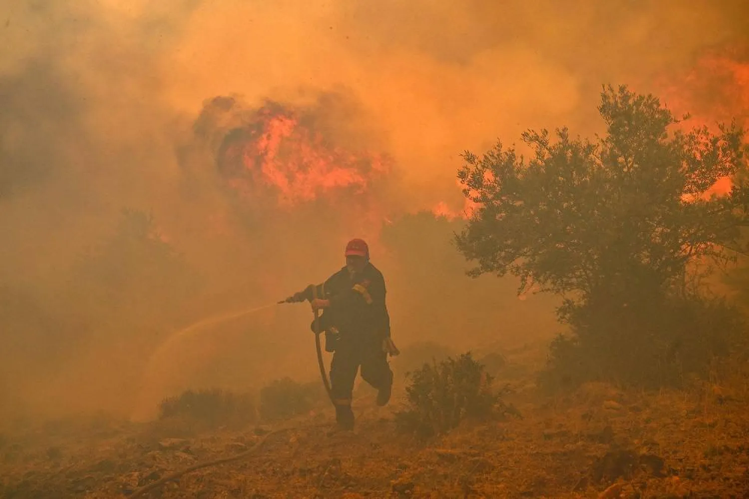 A fireman runs away from blazes as he tries to control a wildfire in New Peramos, near Athens, on July 19, 2023. (AFP)