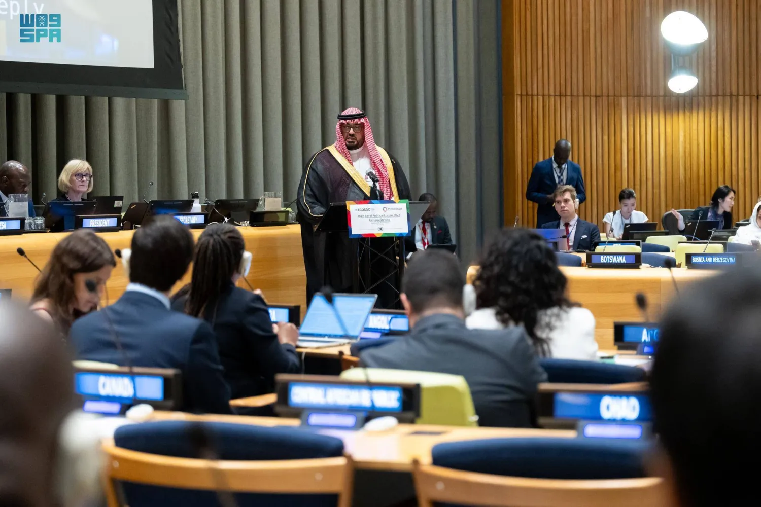 وزير الاقتصاد والتخطيط خلال كلمته في المنتدى السياسي الرفيع المستوى 2023 (الشرق الأوسط)