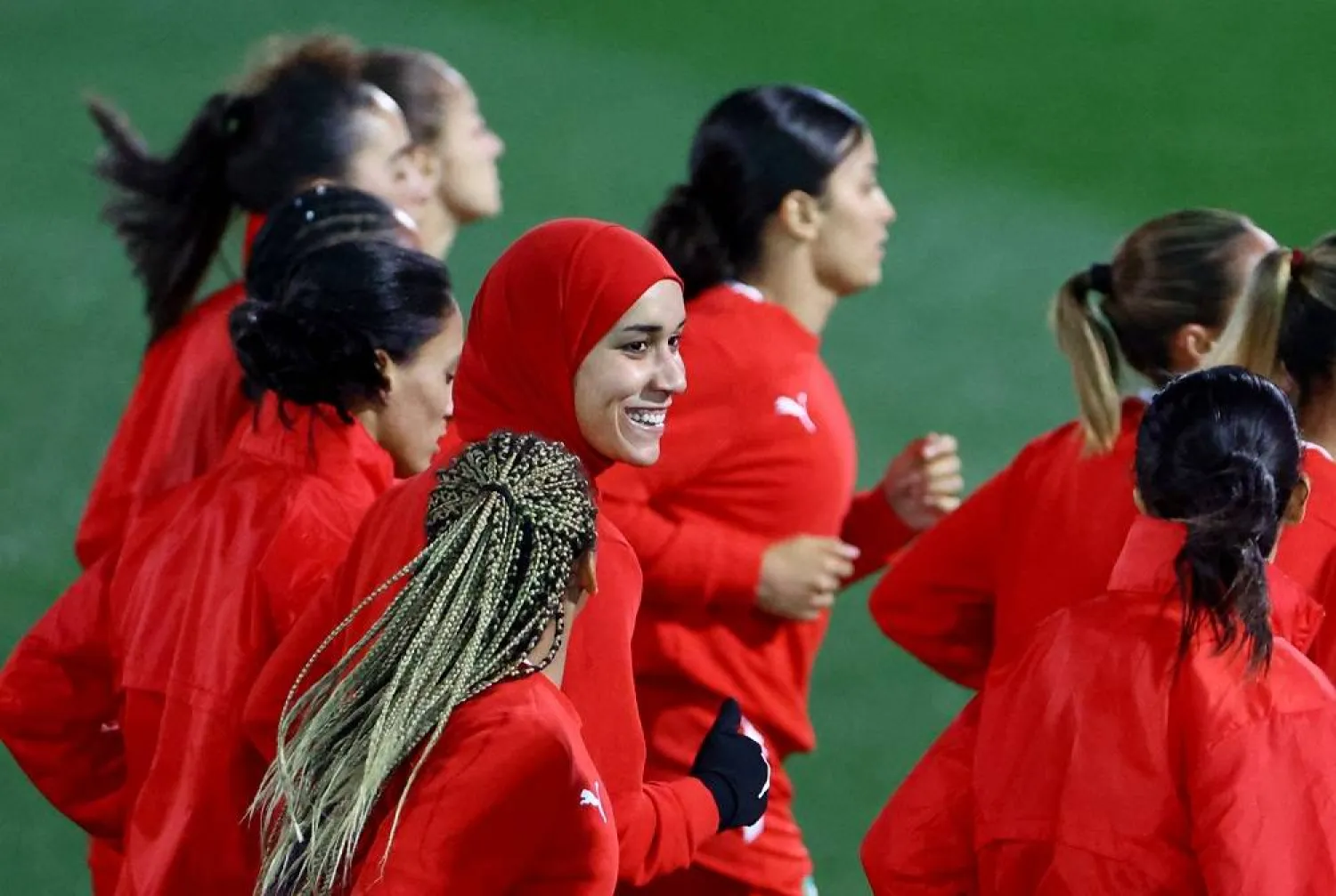 Football - FIFA Women’s World Cup Australia and New Zealand 2023 - Morocco Training - Lakeside Stadium, Melbourne, Australia - July 23, 2023 Morocco's Nouhalia Benzina with teammates during training. (Reuters)