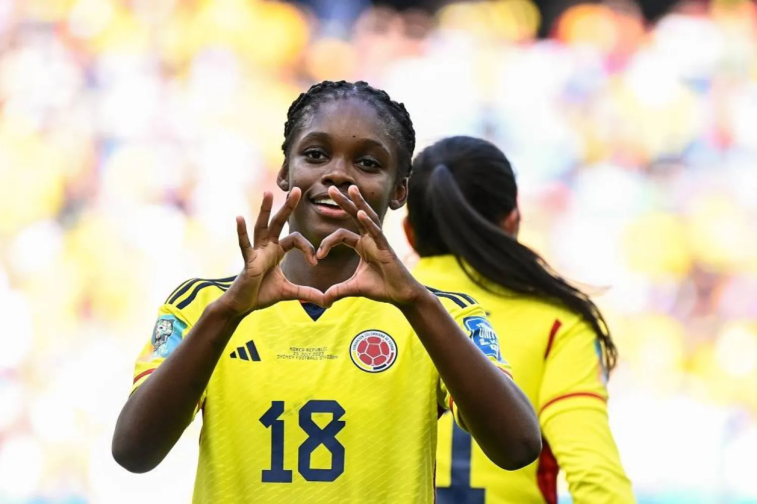 Linda Caicedo of Colombia celebrates after scoring a goal during the FIFA Women's World Cup match between Colombia and Korea at Sydney Football Stadium in Sydney, Tuesday, July 25, 2023. (AAP Image/Dan Himbrechts) NO ARCHIVING, EDITORIAL USE ONLY
