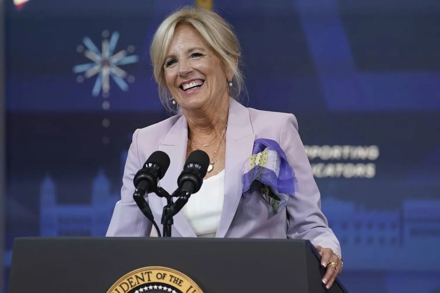 First lady Jill Biden speaks during an event with the National Education Association in the South Court Auditorium on the White House campus, Tuesday, July 4, 2023, in Washington. (AP)