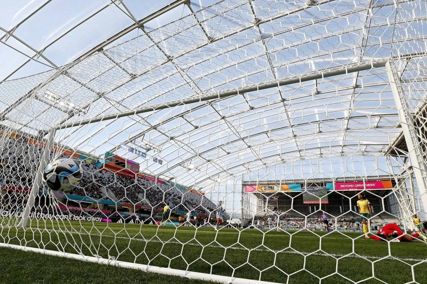 Vanina Correa of Argentina (R) reacts after conceding a goal during the FIFA Women's World Cup group G soccer match between Argentina and South Africa, in Dunedin, New Zealand, 28 July 2023. (EPA)