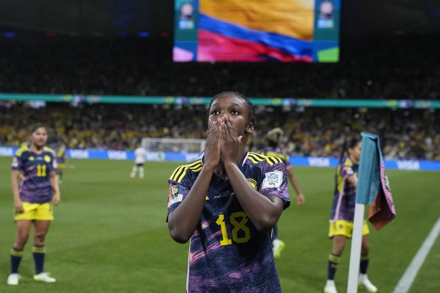 Colombia's Linda Caicedo celebrates after scoring her side's opening goal during the Women's World Cup Group H soccer match between Germany and Colombia at the Sydney Football Stadium in Sydney, Australia, Sunday, July 30, 2023. (AP)