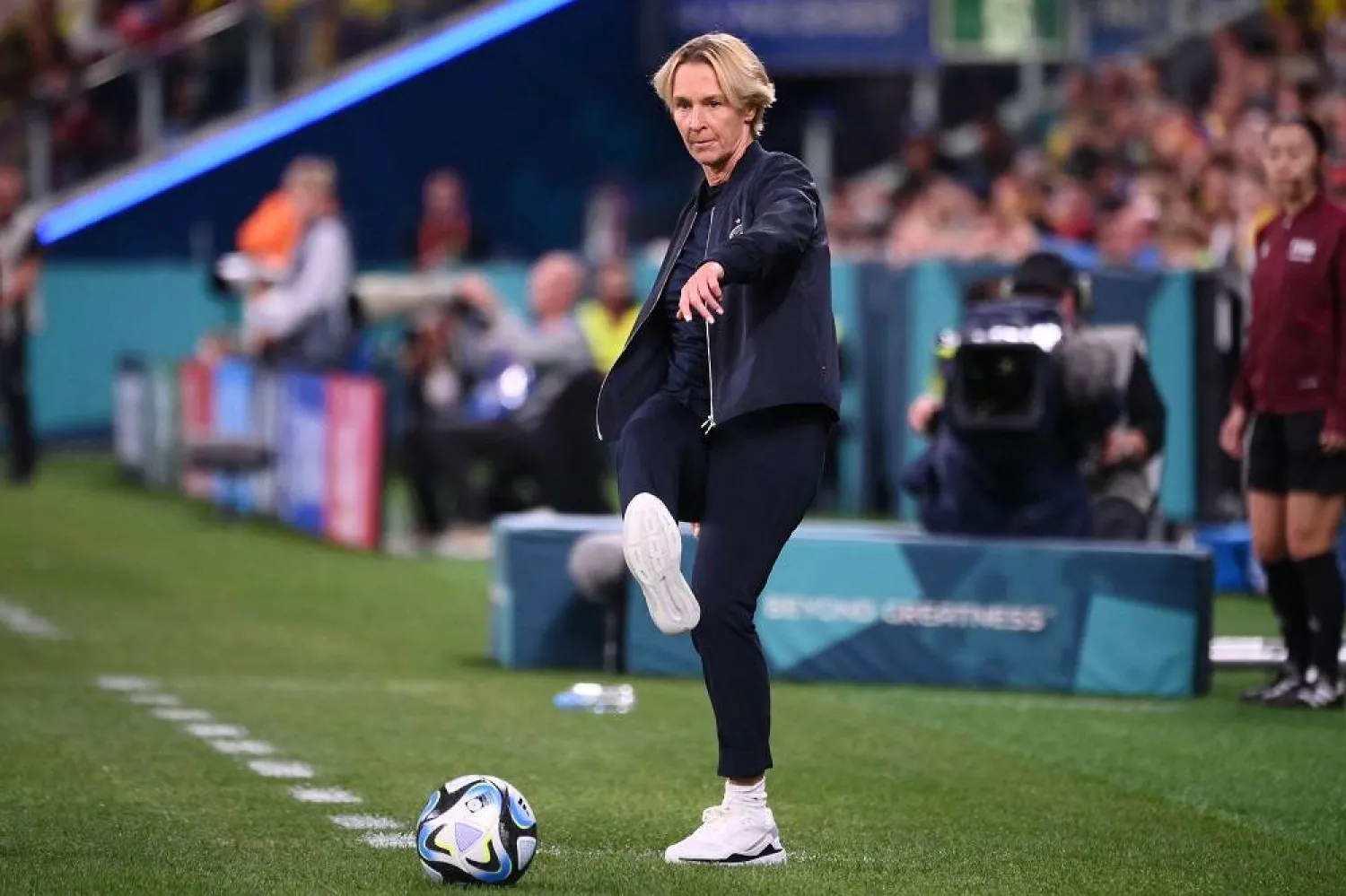 Germany's coach Martina Voss-Tecklenburg is seen during the Australia and New Zealand 2023 Women's World Cup Group H football match between Germany and Colombia at Sydney Football Stadium in Sydney on July 30, 2023. (AFP)