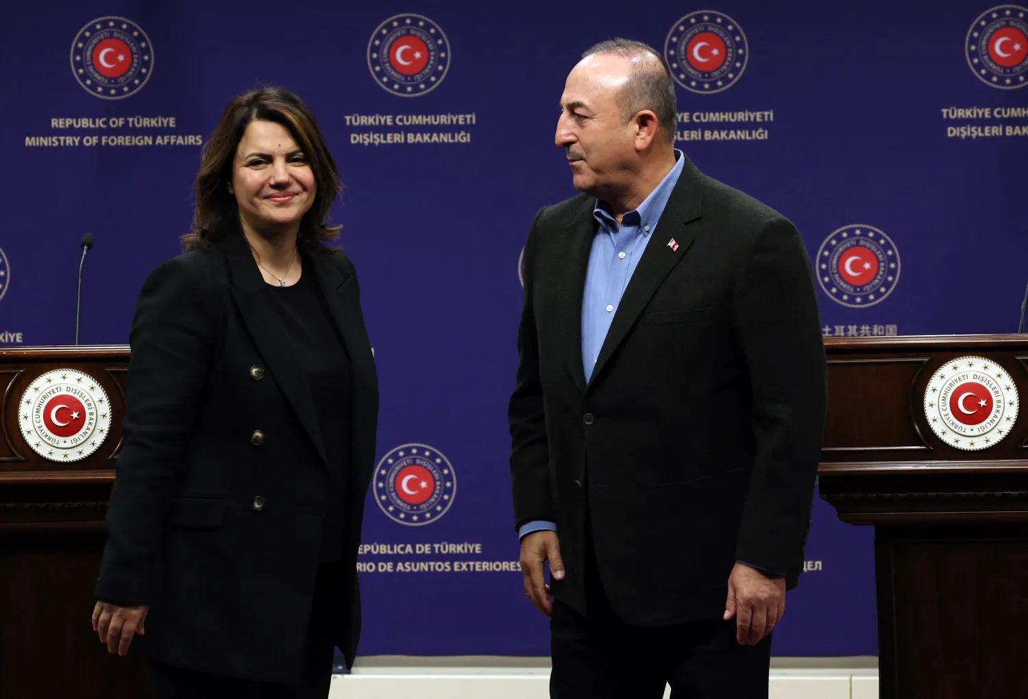 من مؤتمر صحافي للمنقوش مع وزير الخارجية التركي السابق مولود جاويش أوغلو في أنقرة في فبراير 2023 (وزارة الخارجية بحكومة الدبيبة)