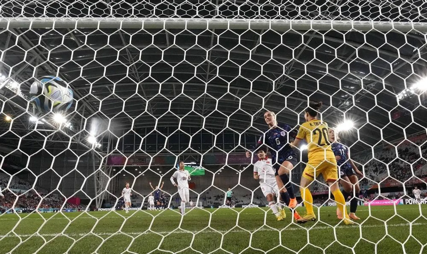 Netherlands' Jill Roord scores the 7th goal for her team during the Women's World Cup Group E soccer match between Vietnam and the Netherlands in Dunedin, New Zealand, Tuesday, Aug. 1, 2023. (AP) 