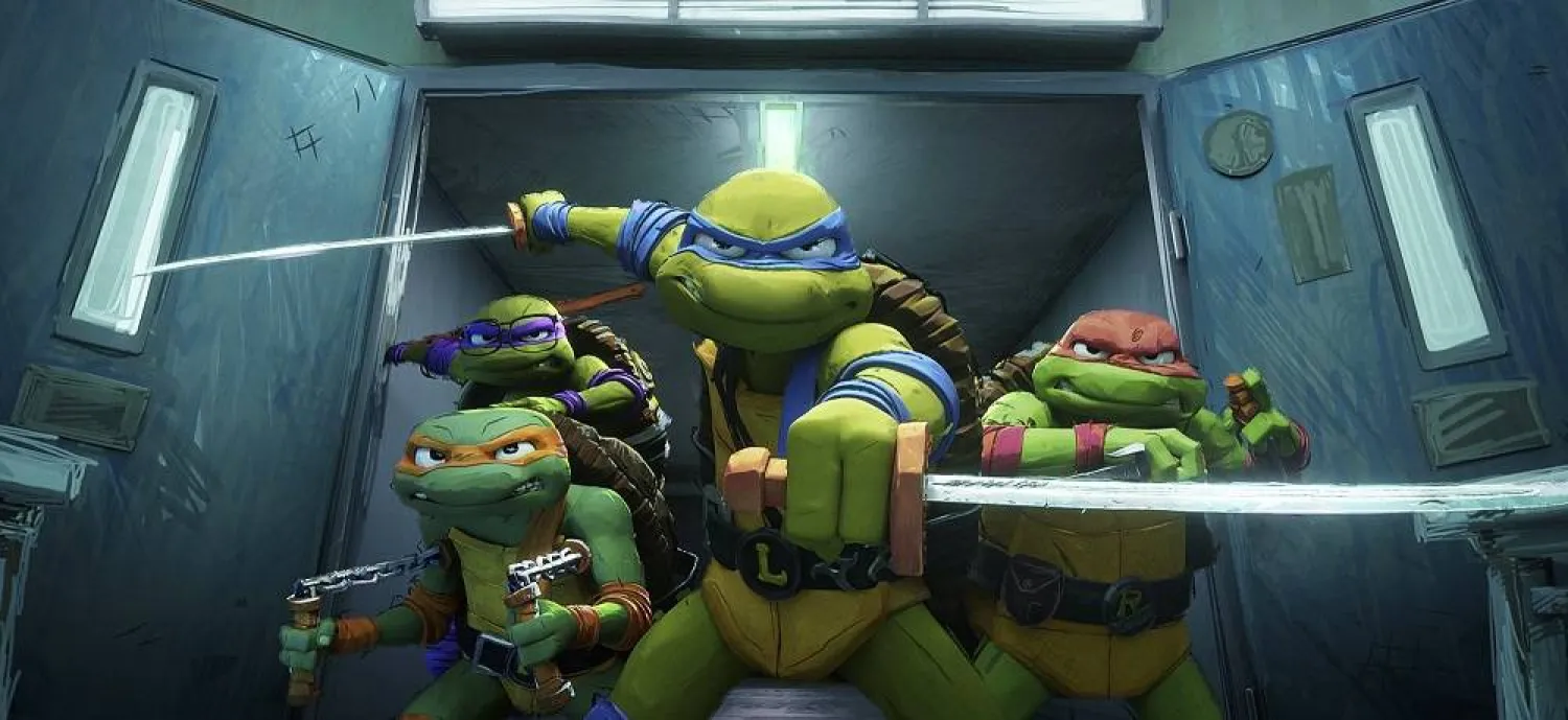  This image released by Paramount Pictures shows, from left, Michelangelo, "Mikey," voiced by Shamon Brown Jr., Donatello "Donnie," voiced by Micah Abbey, background left, Leonardo "Leo", voiced by Nicolas Cantu, and Raphael "Raph", voiced by Brady Noon, (Paramount Pictures via AP) 