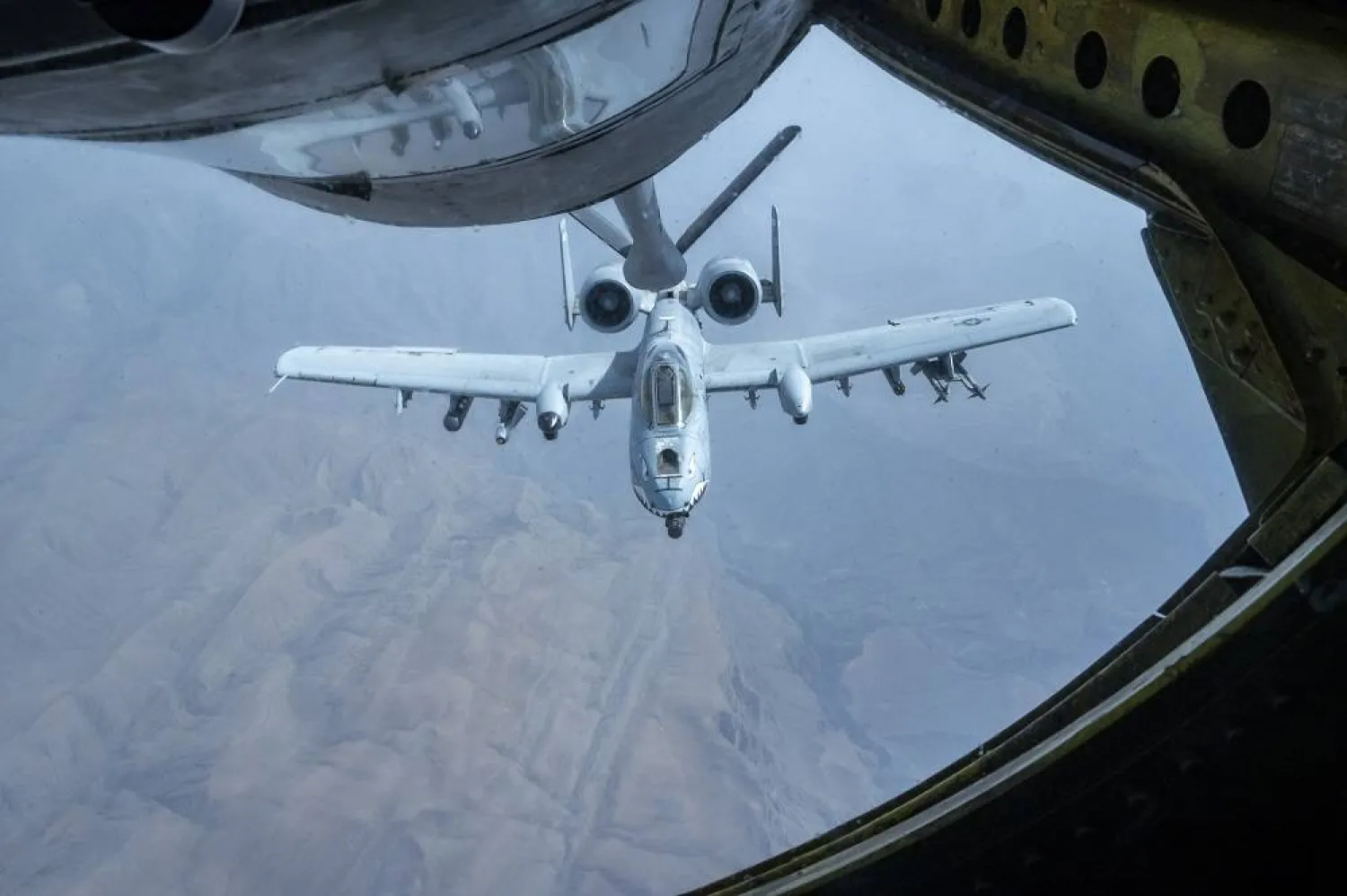 In this handout photo from the US Air Force, a US Air Force A-10 Thunderbolt II receives fuel from a KC-135 Stratotanker near the Strait of Hormuz, July 21, 2023. (Staff Sgt. Frank Rohrig/US Air Force, via AP) 