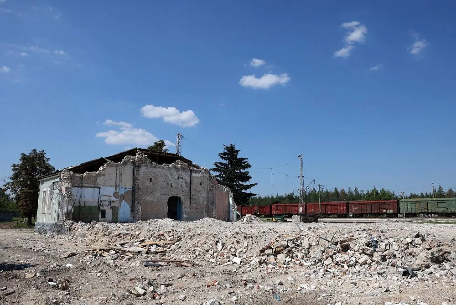  This photograph shows remains of raillway station in Sosnove village, Donetsk region on August 5, 2023, amid Russian invasion in Ukraine. (AFP)