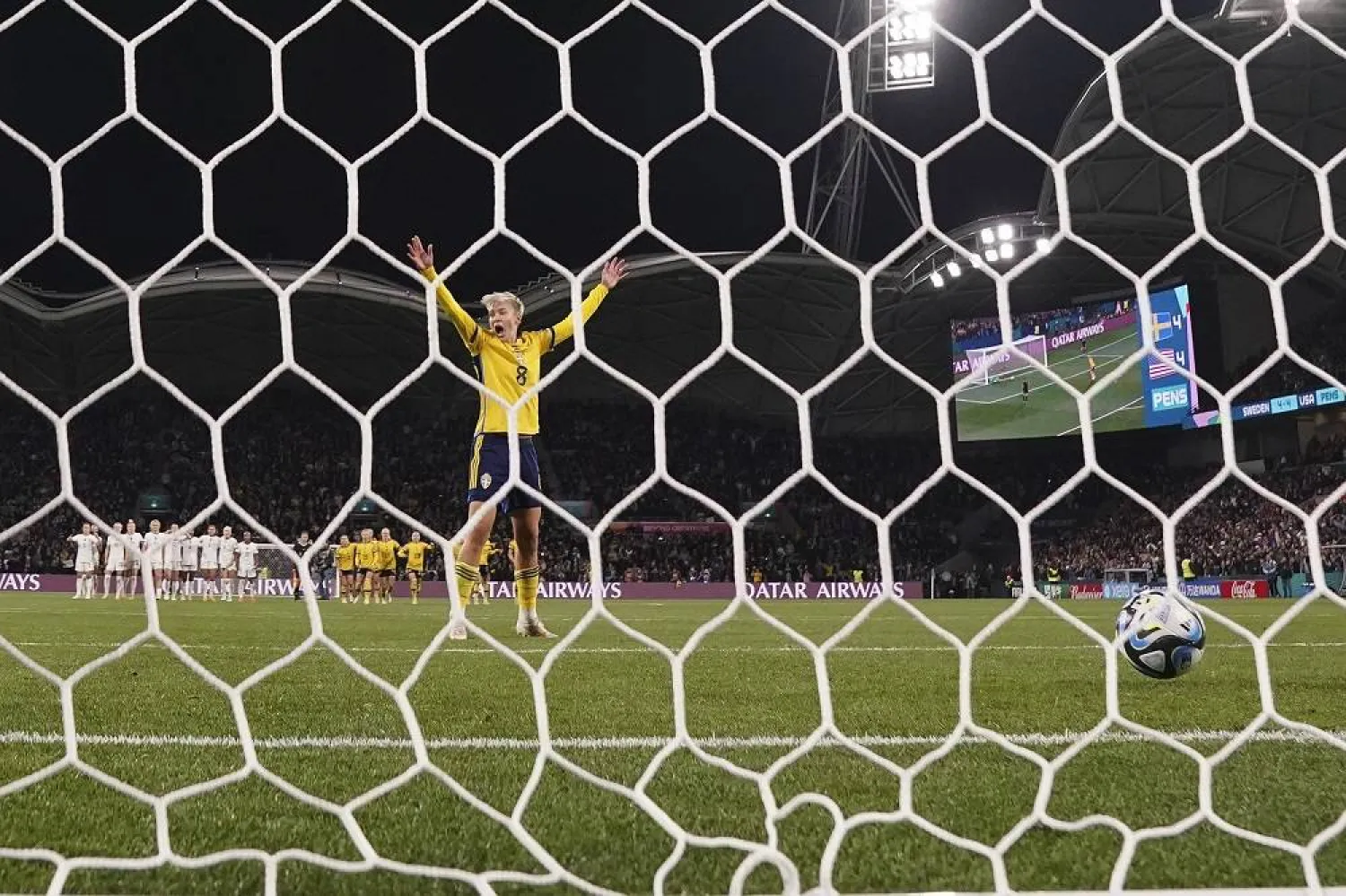  Sweden's Lina Hurtig reacts as she appeals for her shot at goal to be awarded in a penalty shootout with the United States during their Women's World Cup round of 16 soccer match in Melbourne, Australia, Sunday, Aug. 6, 2023. (AP)
