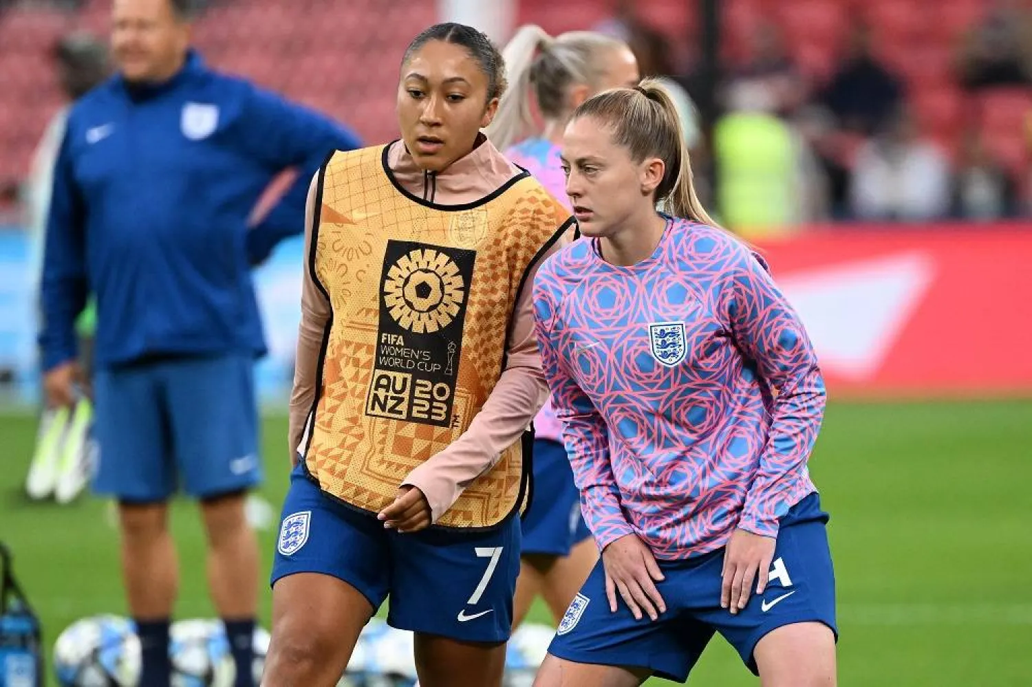 Lauren James (left) and Keira Walsh of England warm up ahead of the FIFA Women's World Cup 2023 Round of 16 soccer match between England and Nigeria at Brisbane Rectangular Stadium in Brisbane, Australia, 07 August 2023. (EPA)