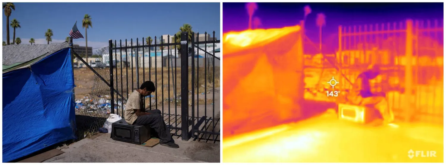 صورة لشخص أمام خيمة إيواء في ولاية أريزونا حيث سجلت الكاميرا 143 درجة بمقياس فهرنهايت أي ما يوازي 61 درجة مئوية (رويترز)