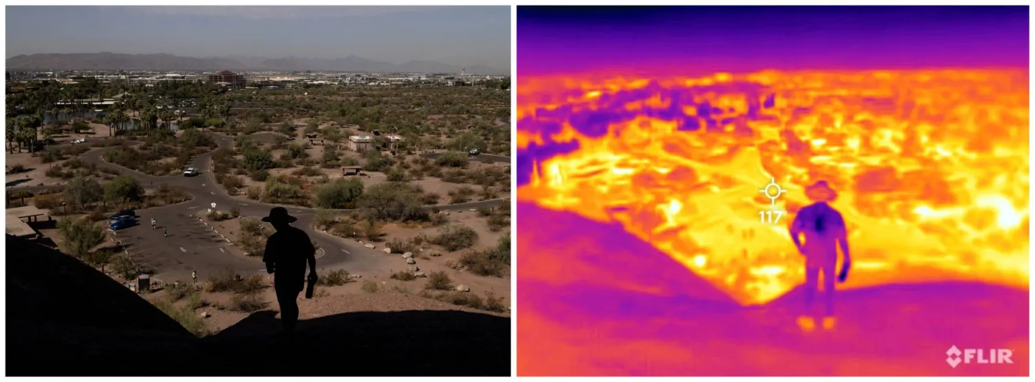 سائح في منطقة «هول إن ذا روك» في أريزونا حيث سجلت الكاميرا 117 درجة بمقياس فهرنهايت أي ما يوازي 47 درجة مئوية (رويترز)