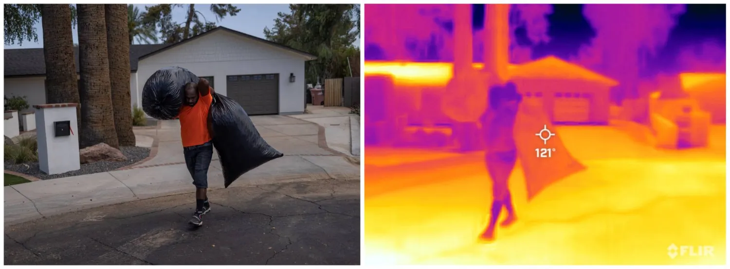 صورة لمواطن أمام منزله على الحدود مع المكسيك سجلت الكاميرا الحرارية هناك 121 درجة على مقياس فهرنهايت أي ما يوازي 49 درجة مئوية (رويترز)