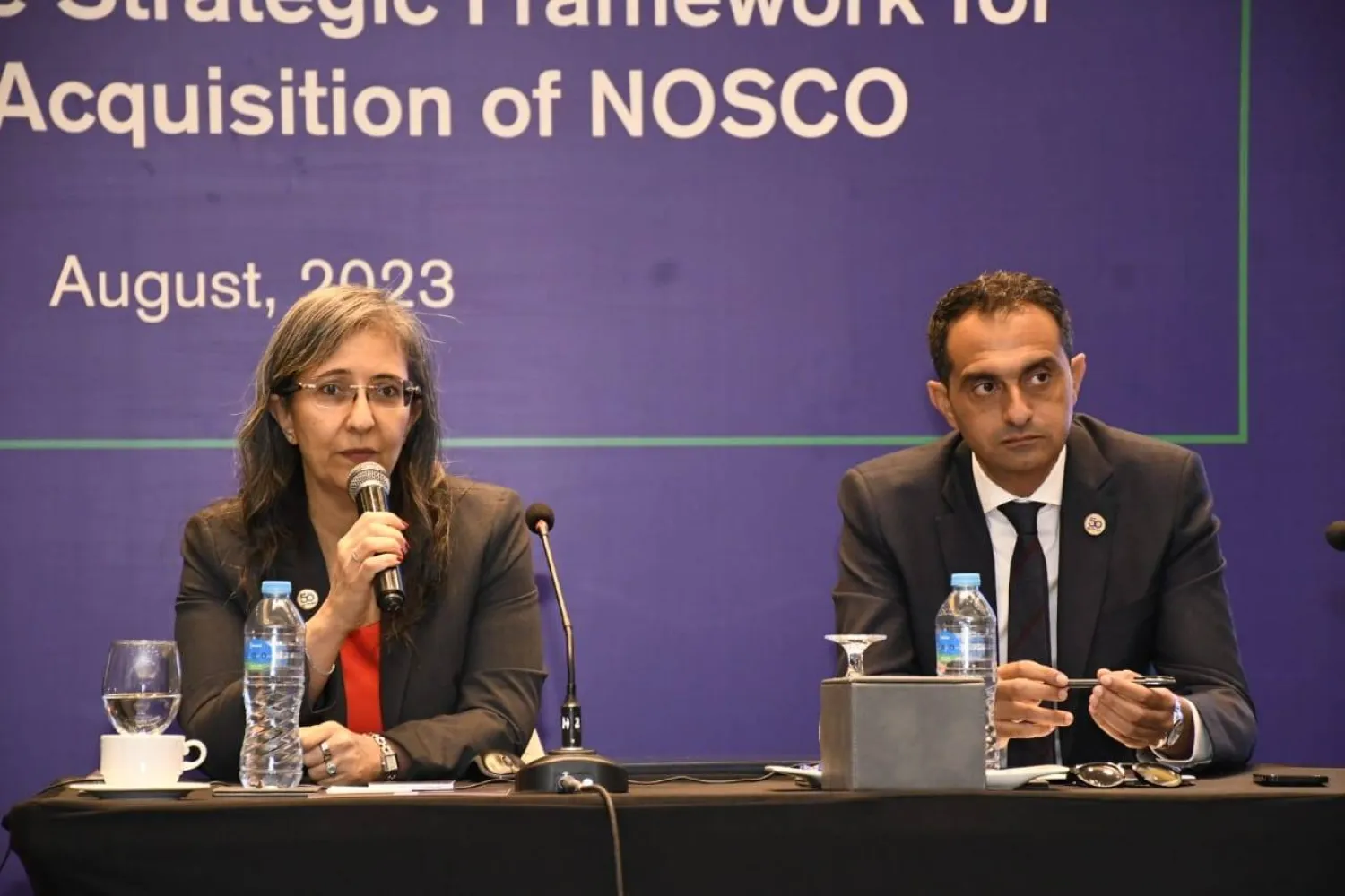 عبير لهيطة العضو المنتدب لـ«إيجيترانس» ومحمد نديم العضو المنتدب لشركة «نوسكو» خلال المؤتمر الصحافي (الشرق الأوسط)