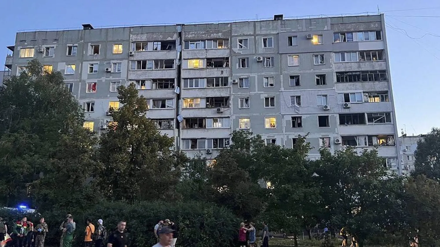 A handout picture made available by the State Emergency Service of Ukraine shows a residential building damaged by a rocket that hit the nearby area in Zaporizhzhia, Ukraine, 09 August 2023 amid the Russian invasion. (EPA/State Emergency Service)