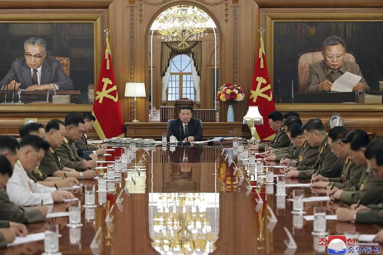 In this undated photo provided by the North Korean government, North Korean leader Kim Jong Un, center, attends a meeting of the North Korean ruling Workers’ Party’s central military commission in Pyongyang, North Korea Wednesday, Aug. 9, 2023. (Korean Central News Agency/Korea News Service via AP) 