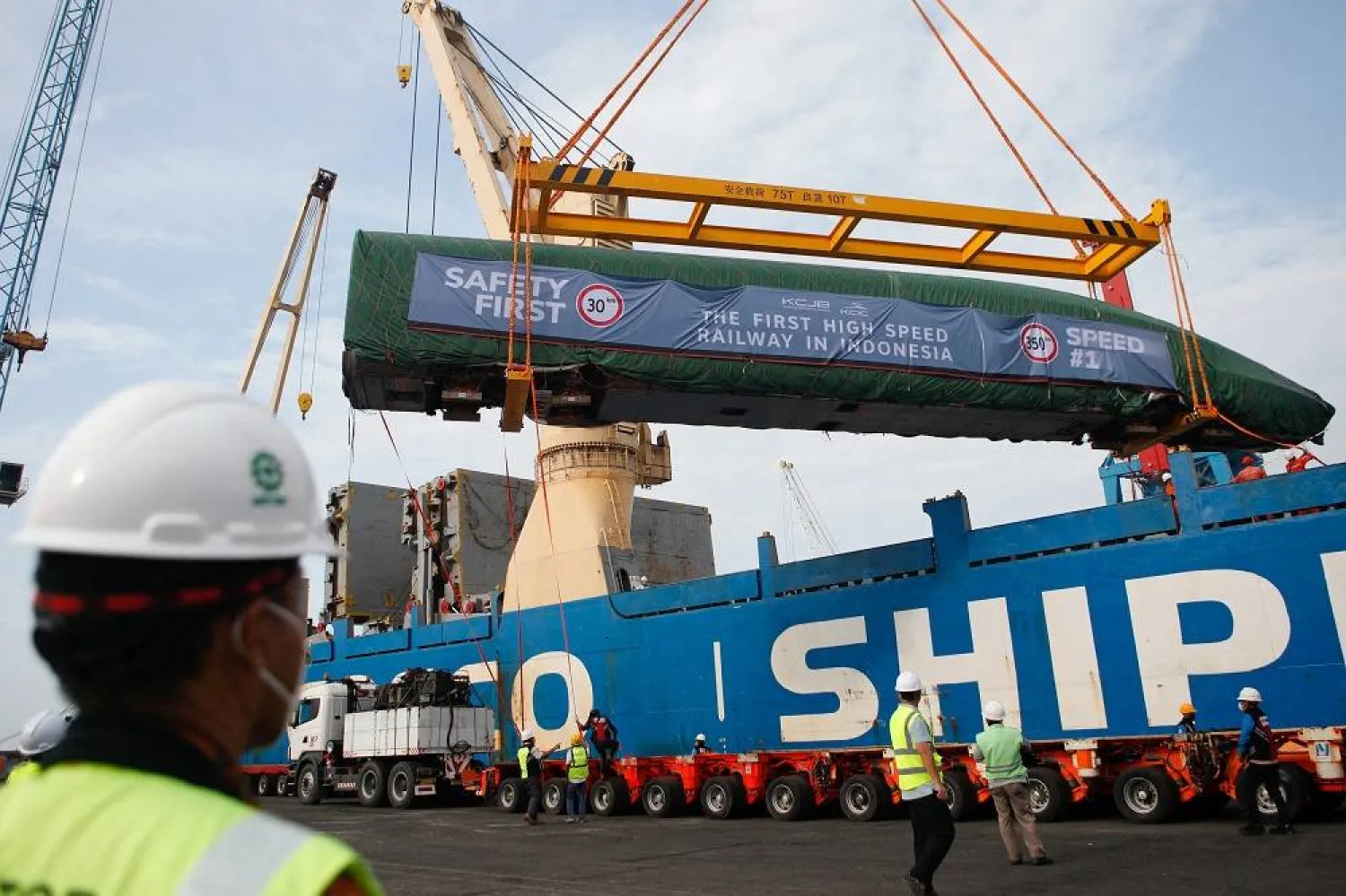 An Electric Multiple Unit high-speed train for a rail link project, which is part of China’s Belt and Road Initiative, arrives at Tanjung Priok port during load in Jakarta, Indonesia, September 2, 2022. (Reuters)