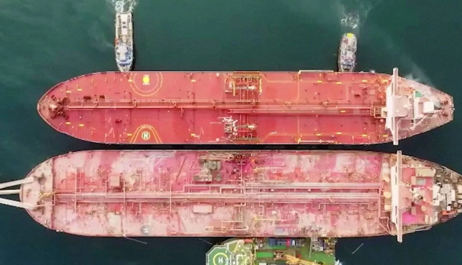 A view of The Nautica, a replacement oil tanker, moored against the decaying FSO Safer, off the coast of Ras Issa, Yemen, in this screengrab taken from a recent undated handout video. (Safer Technical Committee/ Handout via Reuters)
